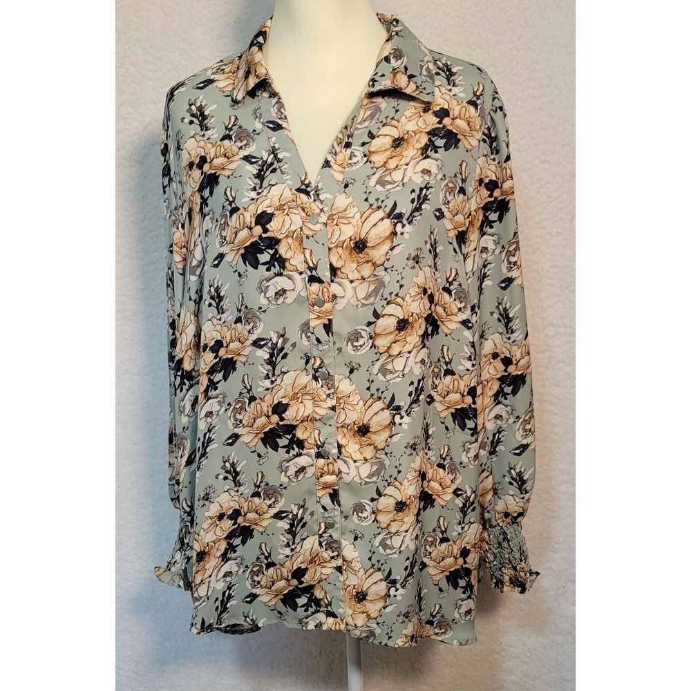 Ophelia Roe Floral Blouse Top 2X Long Sleeve Elastic Cuff Button Chiffon 0965